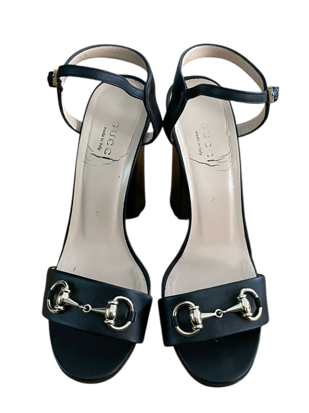 Gucci Women’s Black Leather Upper Horsebit Peep Toe Block Sandal Heels Size 37.5 - Picture 4 of 11